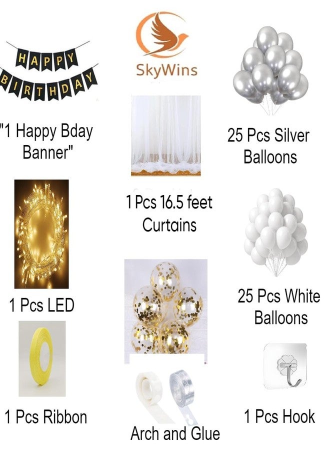 SKYWINS Birthday Celebration Kit - Set of 38 | Curtains, Lights, Balloons for Party Decoration | Half Birthday Items - Image 2